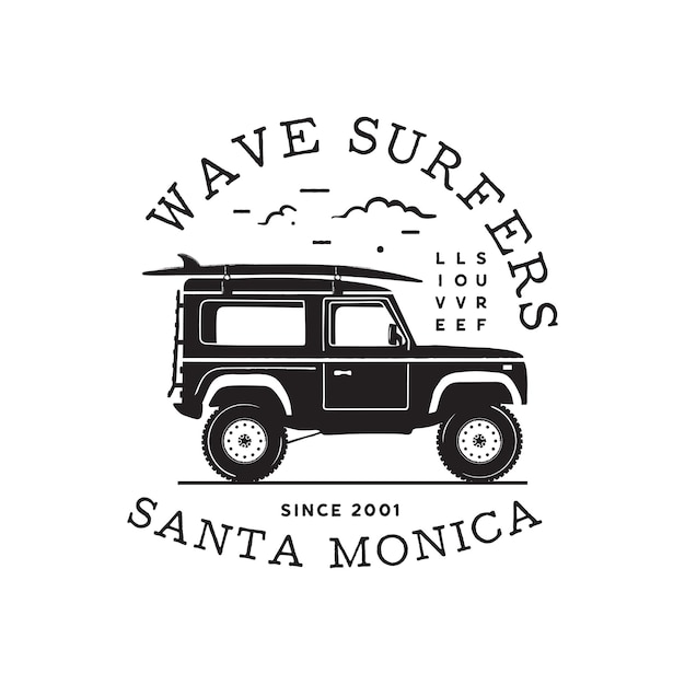 Vettore design vintage con stampa logo surf per t-shirt e altri usi. tipografia di wave surfers citazione calligrafia e icona del furgone. emblema di patch grafico surf disegnato a mano insolito. vettore di riserva.