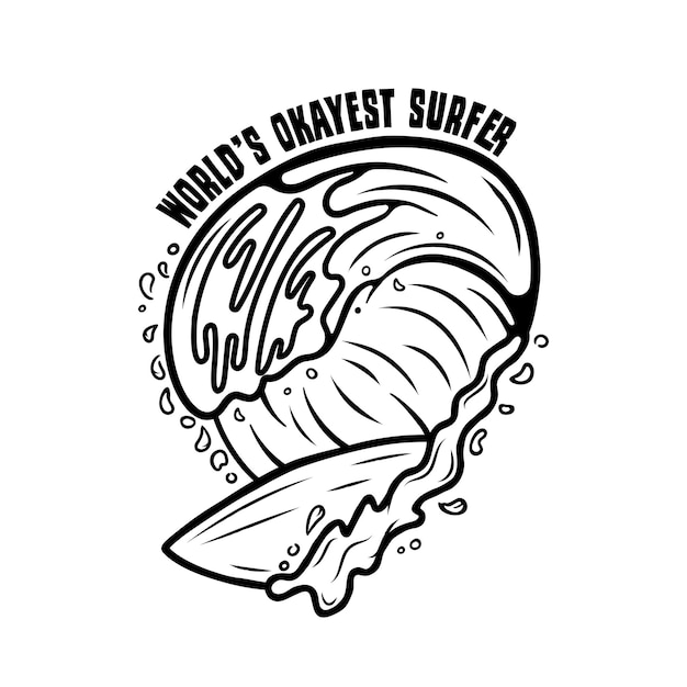 Design vintage con stampa surf per t-shirt e altri usi. la tipografia di worlds okayes surfer cita la calligrafia e la tavola da surf tra le onde. emblema di patch grafico surf disegnato a mano insolito. vettore di riserva.