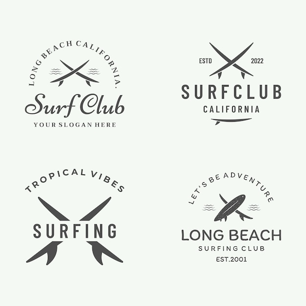 Modello di logo della tavola da surf vintagesurf su una spiaggia estivaper affaribadgeemblema dell'etichetta delle vacanze