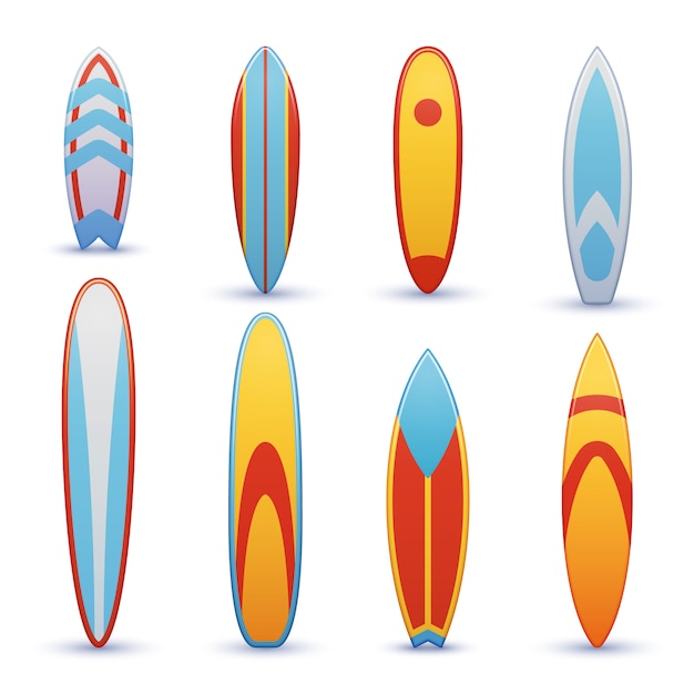 Vintage surfboards met coole set. surfen op een surfplank, illustratie van het treeplank