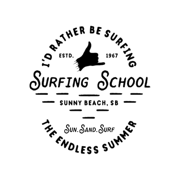 Vintage surfing school silhouette graphics emblem for web design or print surfer logo template outdoors activity boarding on waves vector hipster insignia