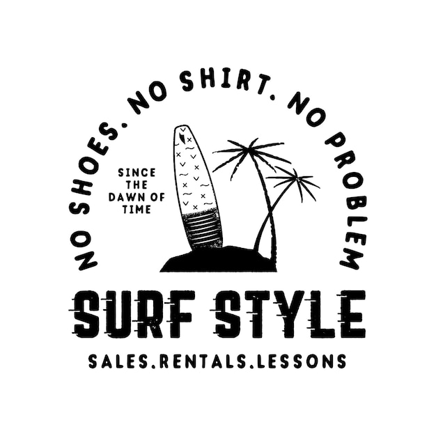 Vettore emblema grafico della silhouette da surf vintage per il web design o la stampa modello logo surfista attività all'aperto imbarco sulle onde insegne vettoriali hipster