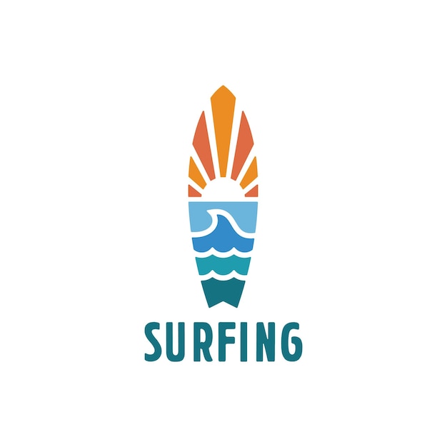 vintage surfing surfboard sunset and ocean waves line art simple logo design inspiration