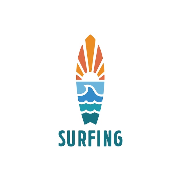 Vintage Surfing surfboard sunset and ocean waves Line art simple logo design Inspiration