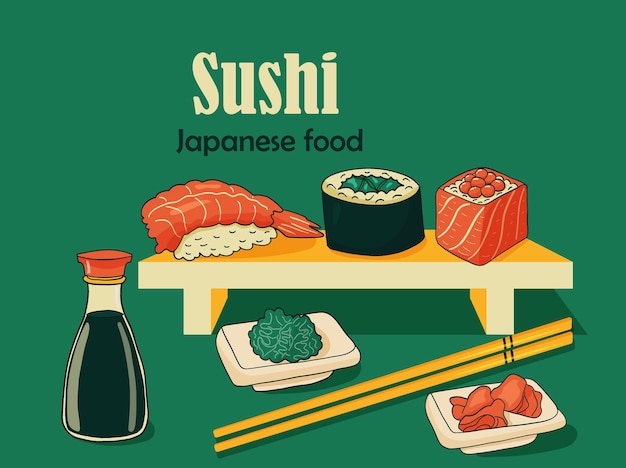 Vintage Sushi poster design with vector japanese food