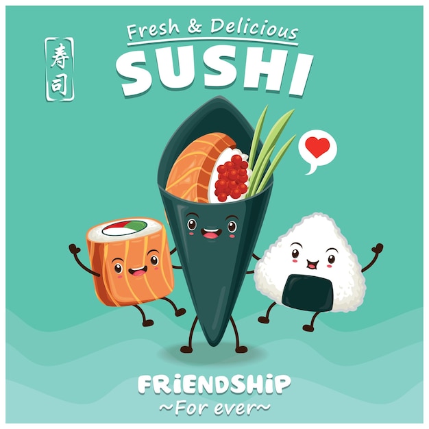 Vector vintage sushi poster design with vector sushi character. chinese word means sushi.