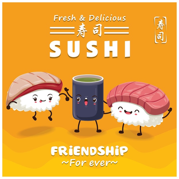 Vector vintage sushi poster design with vector sushi character. chinese word means sushi.