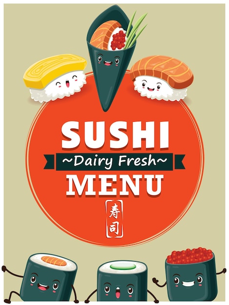 Vector vintage sushi poster design with vector sushi character. chinese word means sushi.