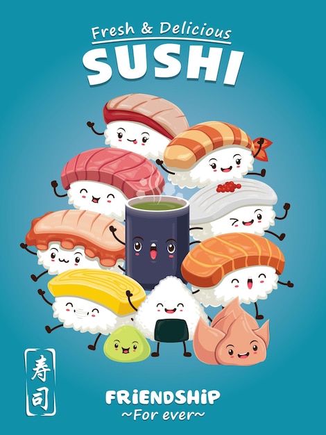 Vintage sushi poster design with vector sushi character. chinese word means sushi.