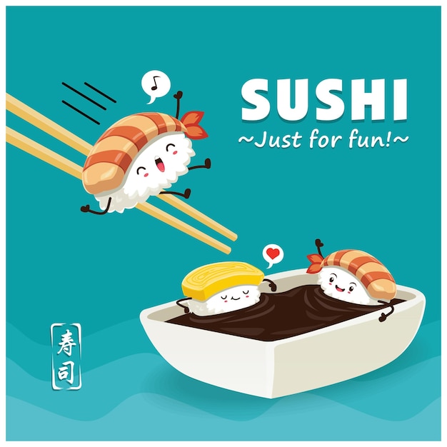 Vintage Sushi posterontwerp met vector sushi karakter. Chinees woord betekent sushi.