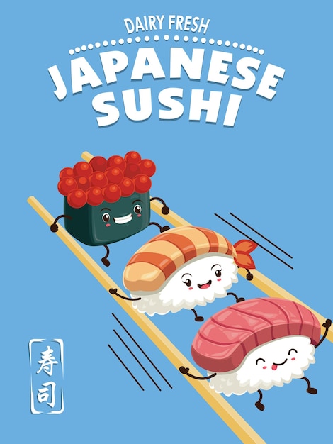 Vintage Sushi posterontwerp met vector sushi karakter. Chinees woord betekent sushi.