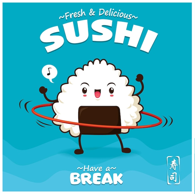 Vintage Sushi posterontwerp met vector sushi karakter Chinees woord betekent sushi