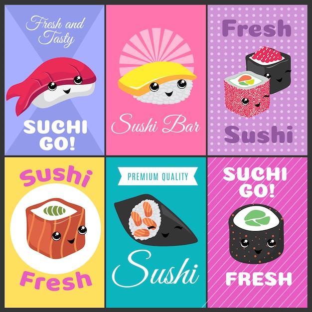 Vector vintage sushi vector posters in japan comic style