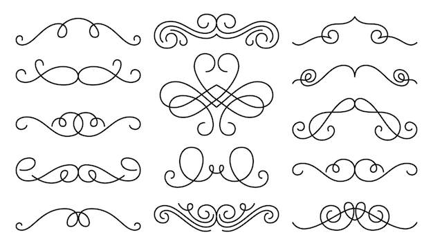 Vector vintage swirl ornament lijn bloeien set filigraan kalligrafische sier krullen decoratief retro design element voor menu bruiloft invatation kaart label prijskaartje tekst scheidingslijn certificaat diploma