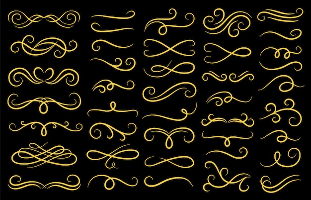 Vector vintage swirls ornament. decorative golden ornamental swirl, medieval motif curls and gold filigree ornaments divider  set