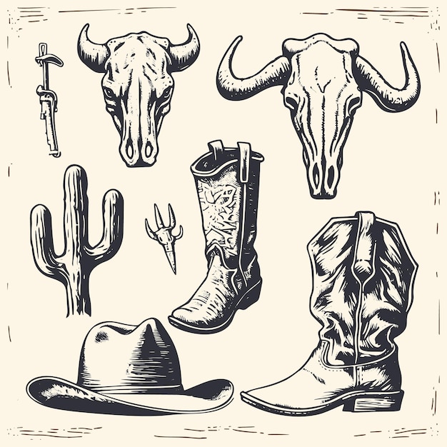 Вектор Винтажные символы дикого запада в нарисованном вручную векторном эскизе, включая ковбойскую шляпу, сапоги, коровий череп и значки оружия