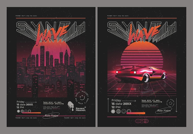 Vettore vintage synthwave o retrowave in stile party o festival musicale o concerto flaers o poster modello di design con città al neon retrò e auto sportiva su sfondo scuro illustrazione vettoriale