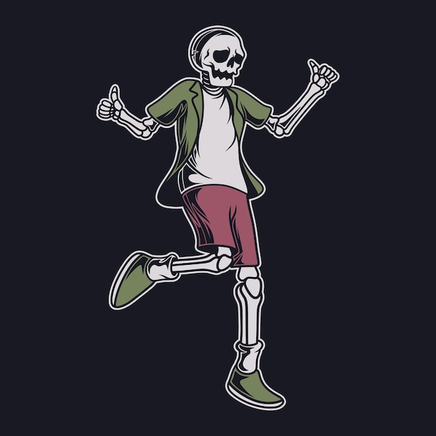 Vector vintage t shirt design dancing skull and giving thumbs up happy illustration