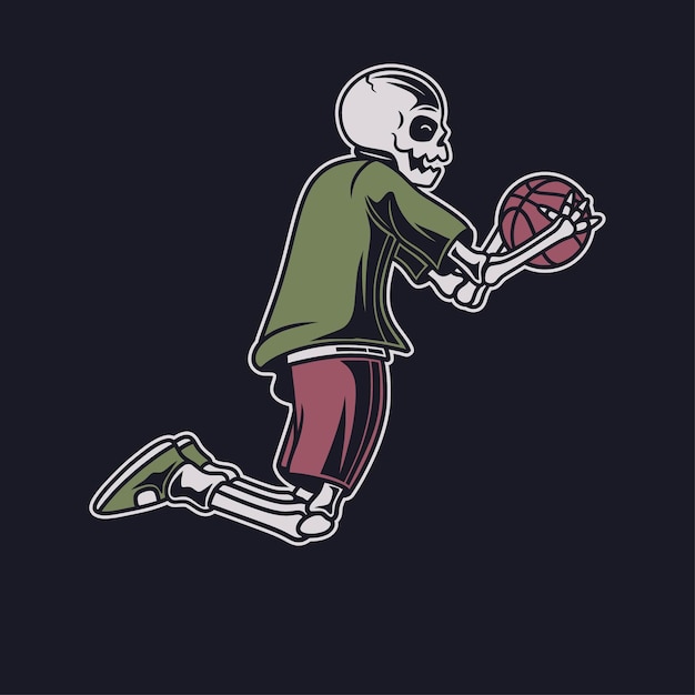 Vintage t shirt design the skull carries a ball basket illustration