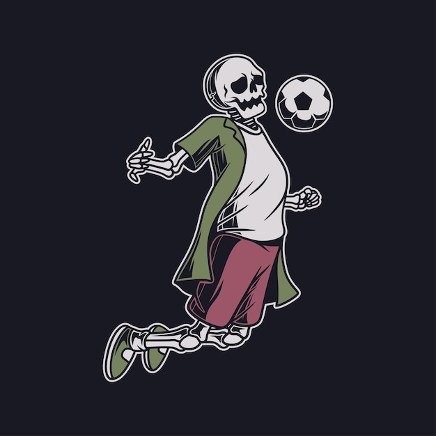 Vintage t shirt design skull in a jumping position takes the ball football illustration