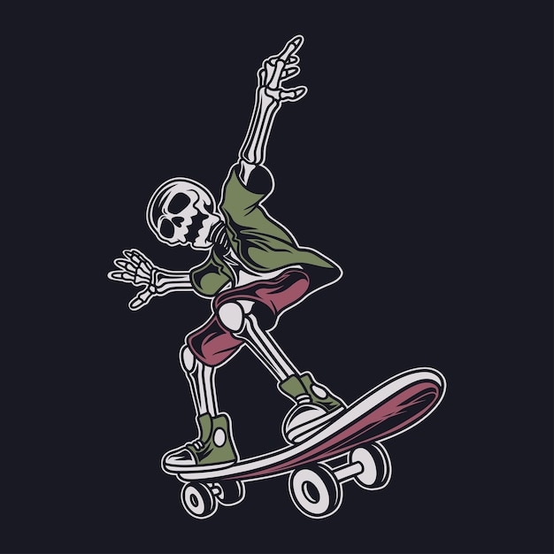 Vettore il design della maglietta vintage il teschio si prepara a fare l'illustrazione dello skateboard di salto