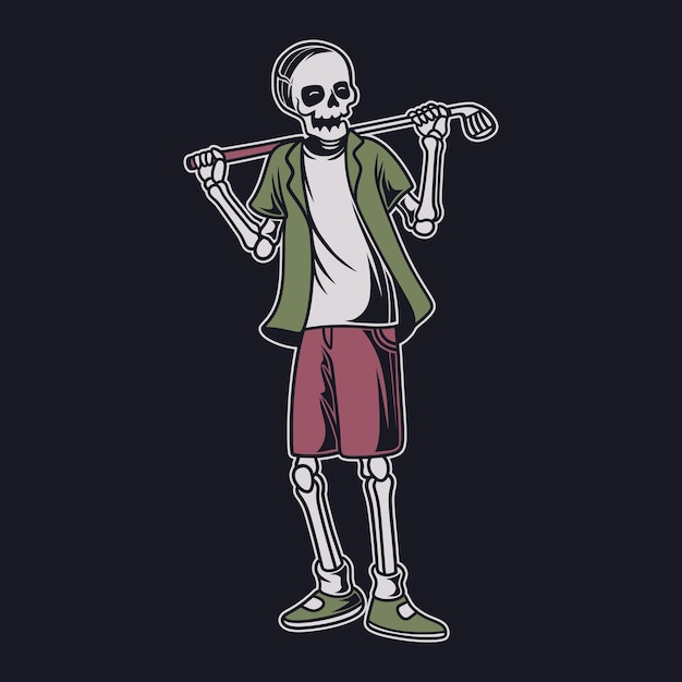 Vintage t-shirtontwerp het vooraanzicht van de schedel draagt een stok op zijn schouders golfillustratie