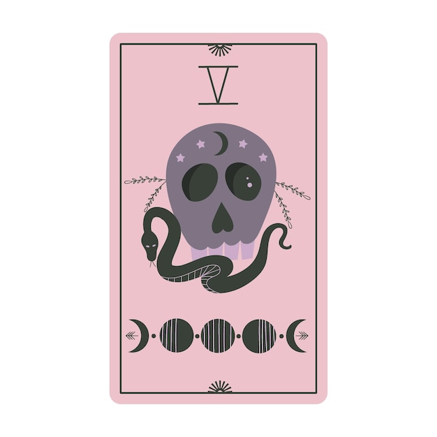 Carte dei tarocchi vintage con teschio di fasi lunari e serpenti isolati su sfondo bianco magia celeste per occulto e divinazione carte di luce rosa serpente con teschio illustrazione vettoriale piatta