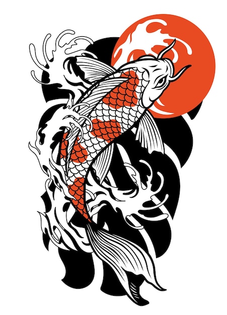 Винтажный дизайн татуировки рыбы кои