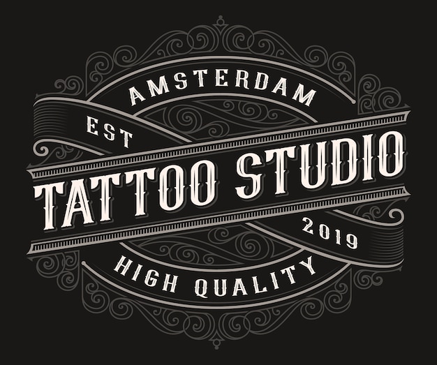 Vintage tattoo logo  on the dark background. all items and text are in separate groups