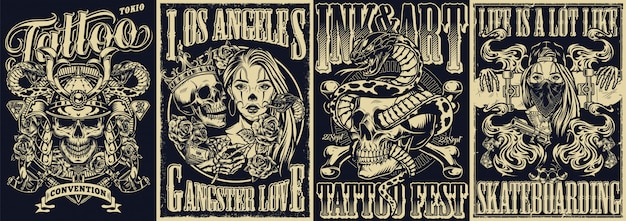 Vintage tattoo monochrome posters set