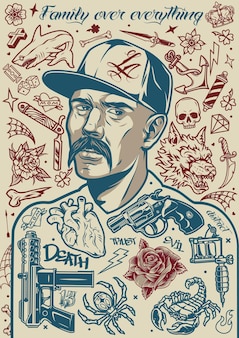 Poster tatuaggio vintage con uomo latino baffuto con berretto da baseball