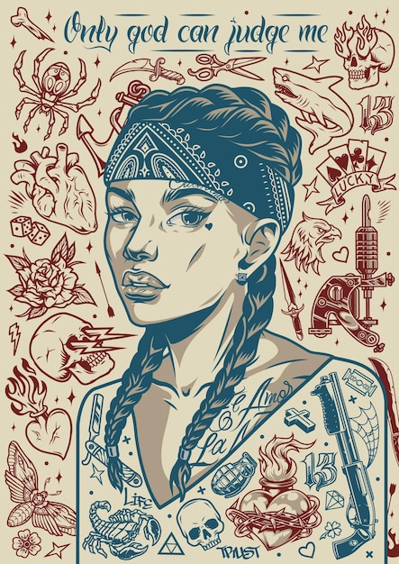 Vector vintage tattoo poster with pretty chicano girl in bandana animals