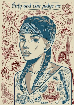 Poster tatuaggio vintage con bella ragazza chicano in animali bandana