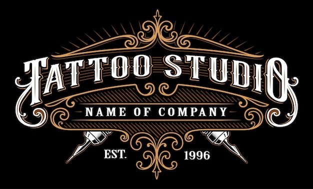 Emblema dello studio del tatuaggio dell'annata. lettering tatuaggio in cornice in stile retrò. il testo è sul livello separato. (versione per sfondo scuro)