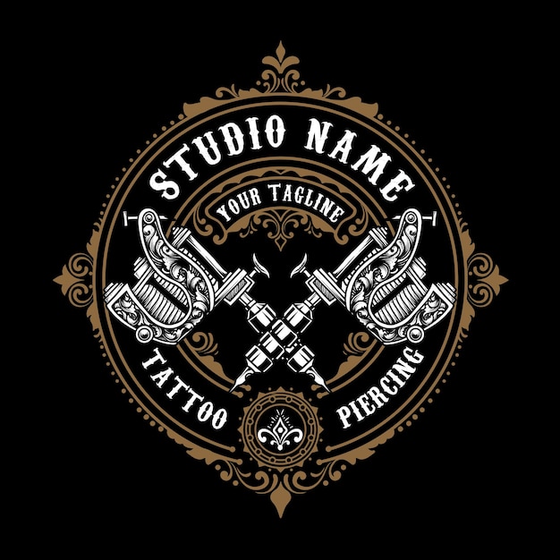 Vector vintage tattoo studio logo with 2 tattoo machine