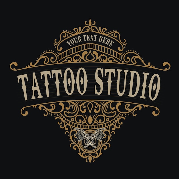 Premium Vector | Vintage tattoo studio logo with floral ornament style