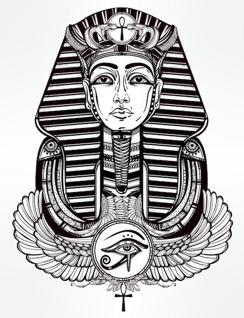 Vintage tattoo vector pharaoh with winged ankh