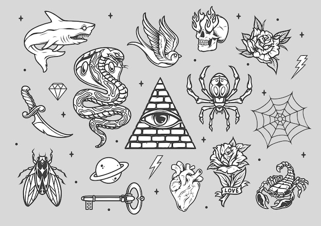 Vector vintage tattoos composition with various animals machete skull with fire from eye sockets planet key cobweb flowers heart diamond pyramid with eye