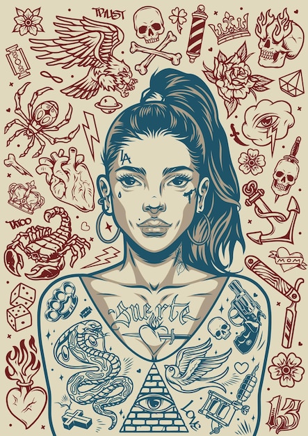 Vettore poster monocromatico di tatuaggi vintage di una bella ragazza chicano con coda di cavallo e vari tatuaggi