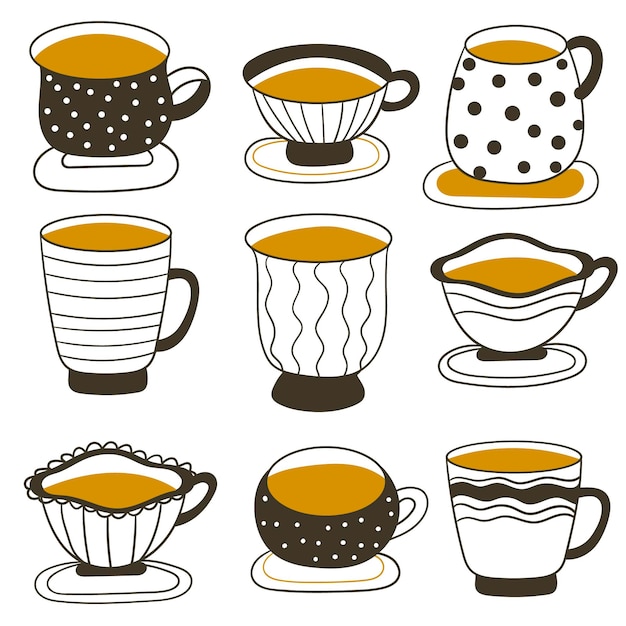 Set di tazze da tè vintage. tazze da tè e caffè. illustrazione vettoriale