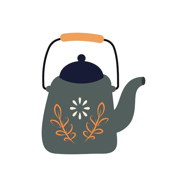 Vintage tea kettle and cozy teapot herbs Rustic teapot with autumn herbal drink teacup leaves Colored flat vector illustration isolated on white background