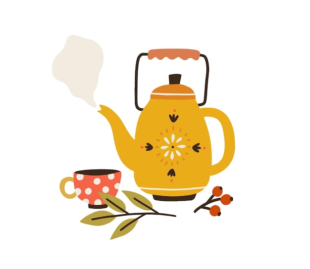 vintage tea kettle with hot steam, cup and herbs. rustic teapot with autumn herbal drink, teacup, leaves and berries composition. colored flat vector illustration isolated on white background.