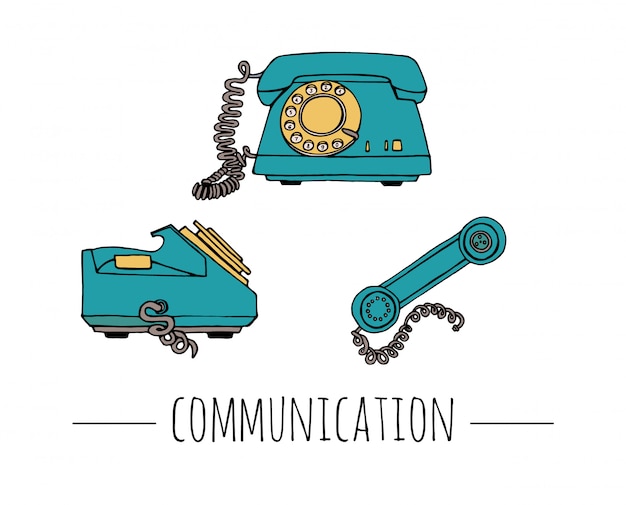 Vintage telephone set. retro illustration of wired rotary dial telephone. old means of communication