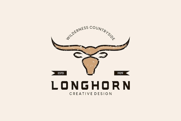 Vettore vintage texas longhorn simbolo logo design lungo cornuto mucca illustrazione vettoriale