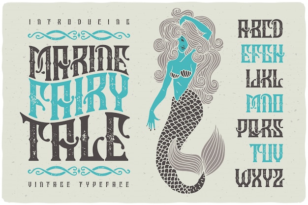 Vector vintage textured typeface with mermaid illustration