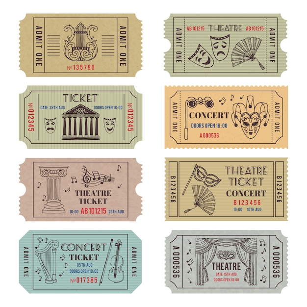 Vector vintage theatre or cinema tickets with different monochrome symbols of ballet or opera