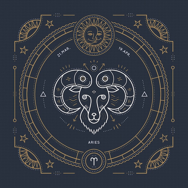 Vintage thin line aries zodiac sign label. retro  astrological symbol, mystic, sacred geometry element, emblem, logo. stroke outline illustration.