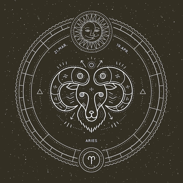 Vintage thin line aries zodiac sign label. retro vector astrological symbol, mystic, sacred geometry element, emblem, logo. stroke outline illustration.