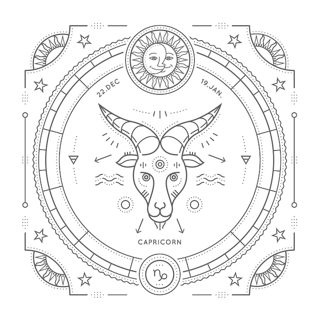 ヴィンテージ細い線山羊座干支記号ラベル。レトロな占星術のシンボル、神秘的な神聖な幾何学要素、エンブレム、ロゴ。ストロークの概要図。白い背景の上。