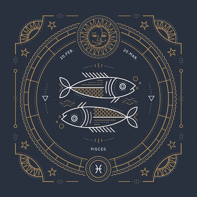 빈티지 얇은 라인 물고기 자리 조디악 로그인 레이블. 레트로 점성술 기호, 신비주의, 신성한 기하학 요소, 상징, 로고. 스트로크 개요 그림.